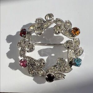 Vintage Eisenberg christmas Crystal Leaf Brooch in Silver and Multi-Color